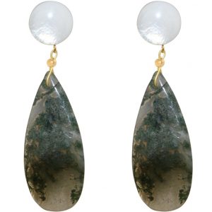 GEMSHINE Ohrringe mit Moos Achat und Perlmutt. Tropfen Ohrhänger hochwertig vergoldet. Made in München / Deutschland. Im edlen Etui geliefert.