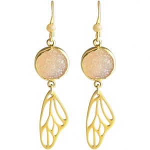 Gemshine - Damen - Ohrringe - Schmetterling - Flügel - WINGS - 925 Silber - Vergoldet –- DRUZY - Rose Quarz - 5 cm