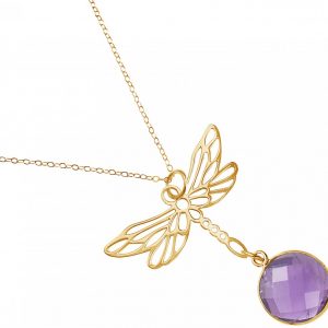 Gemshine - Damen -  Halskette - Anhänger - 925 Silber - Vergoldet - LIBELLE - Amethyst - Lila - Violett - 45 cm