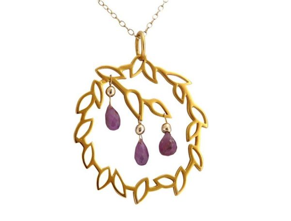 Gemshine - Damen - Halskette - Anhänger - Rubin - 925 Silber - Vergoldet - Lotus Blumen GARLAND - Rot - LEAVES - 3,5 cm – Bild 3